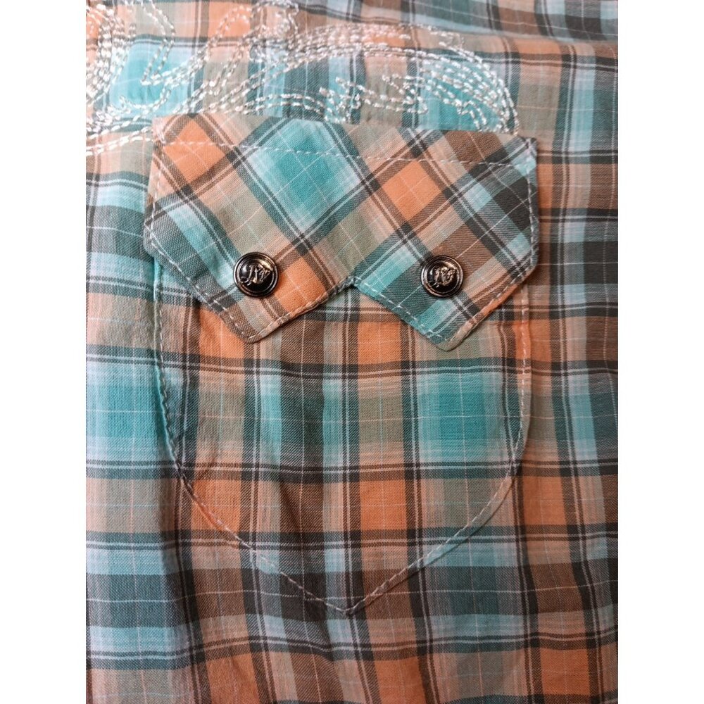 Wrangler Rock 47 Womens L Shirt Plaid Rhinestone Snap Front Embroidered Cotton - Picture 5 of 9